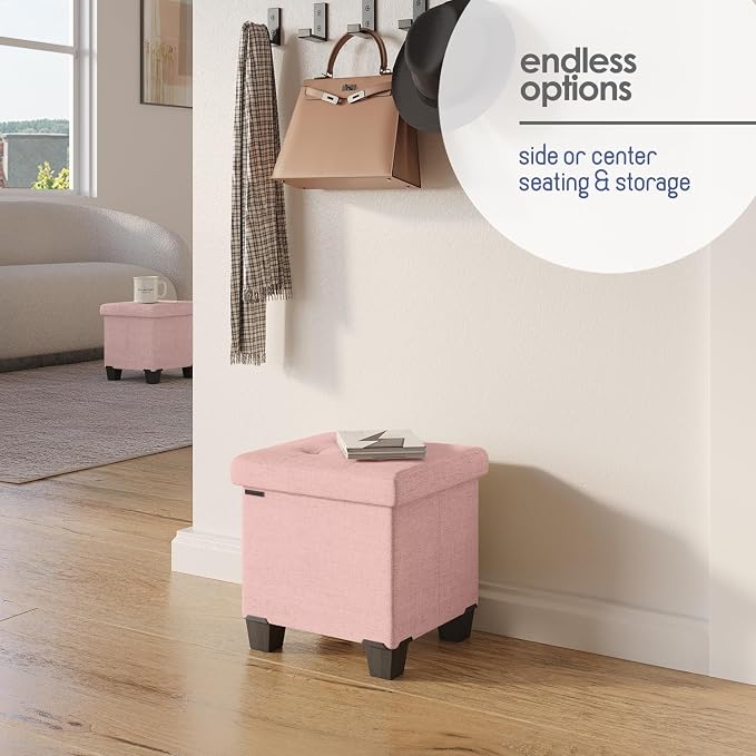 Storage Ottoman Cube with Small Bin, 15-in Square Ottoman with Storage for Living Room and Bedroom, Small Ottomans Foot Rest, Fabric Foot Stools Ottomans Max 330lbs, Pink