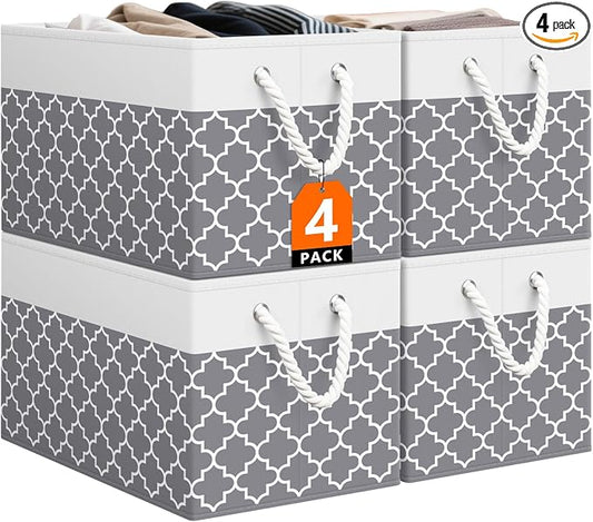 StorageTastic Storage Bin,Collapsible Storage Basket For Organizing,Large | Storage Boxes With Rope Handles,Storage Containers,Clover Grey,4 Pack
