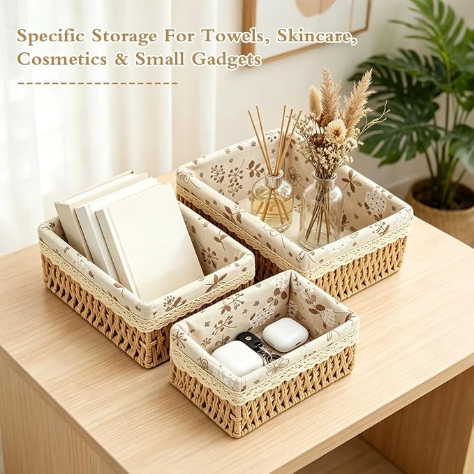 Small Wicker Basket 3-Piece Set: Handwoven Natural Paper Rope Storage Baskets for Organization, Storage, and Home Decor (Lined)