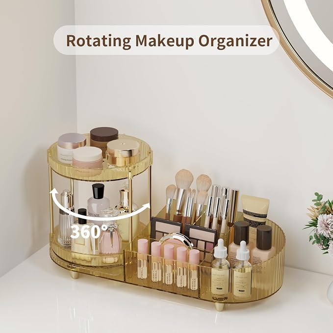 Rotating Makeup Organizer for Vanity, 2 Perfume Trays with 5 Compartments Cosmetic & Skincare Storage, Space Saving Beauty Organizers, Multi-Purpose Countertop Organizers for Bathroom, Desktop, Pantry