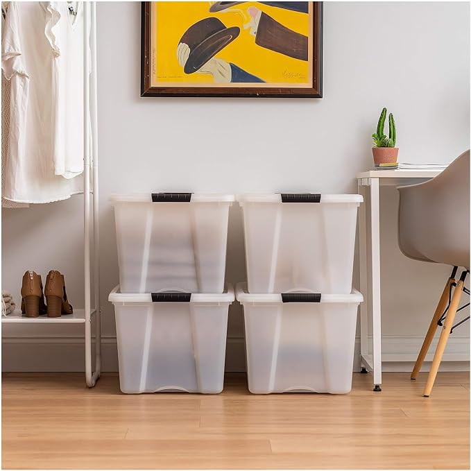 IRIS USA 72 QT Plastic Storage Box with Lid and Latches - 8 Pack - BPA-Free, Discreet Organizing Solution, Durable Nestable Stackable Containers, Secure Pull Handle - Pearl