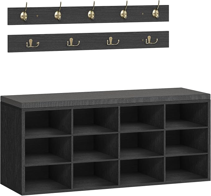 HOOBRO Shoe Storage Bench with Cushion, 39.4" L Entryway Bench with 12 Cubbies, Entryway Hall Tree with Storage, Cubby Shoe Rack Bench with Coat Rack for Hallway, Holds up to 330 lb, Black BB112HX01