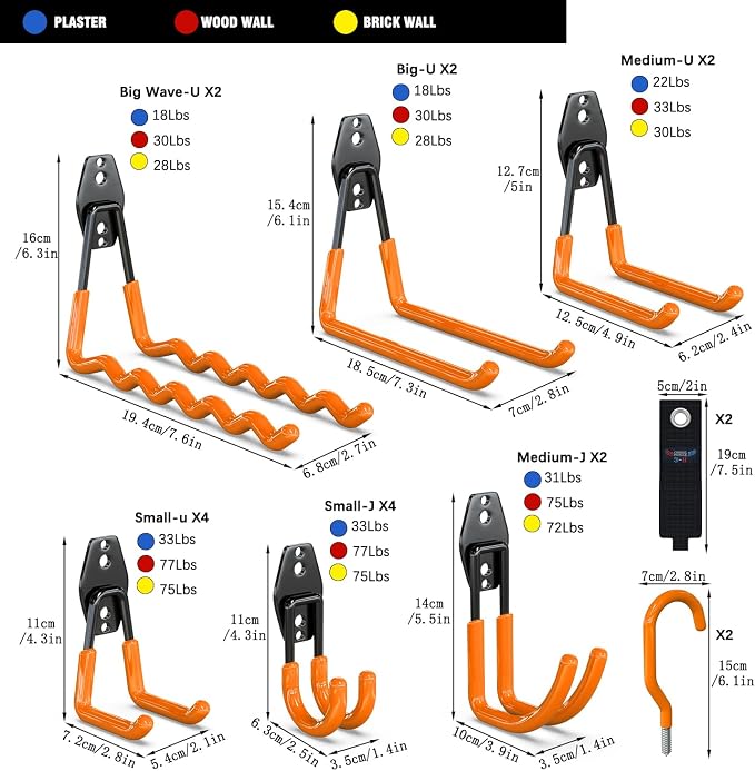 3-H Heavy Duty Garage Wall Hooks 20 Pack, Anti-Slip PVC Coating Wall Mount Garage Storage Utility Hooks, Heavy Load Organizer for Ladders, Yard Tools, Shovel, Weed Eater, Hoses & Bulk Items,Orange | Multi-Purpose Garage Hooks to Organize Garden Lawn To...