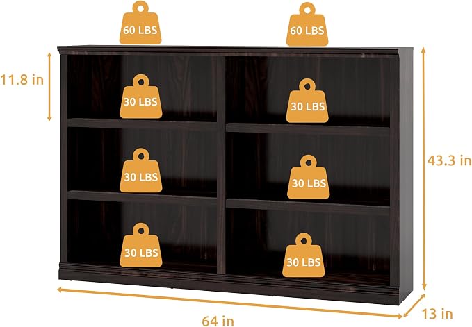64" W Double Wide Open Shelf Bookcase, 3 Tiers 6 Storage Cube Book Shelf | Horizontal bookshelf, Display Cabinet Organizer Indoor Furniture, Home Library Office, Dark Cherry Adjustable Shelf