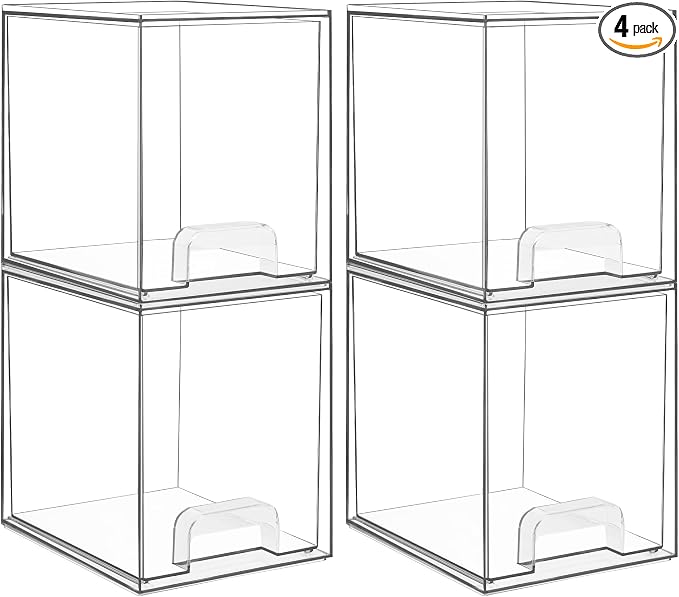 Vtopmart Clear Stackable Storage Drawers, 4 Pack Tall Plastic Organizers | Clear Pull-Out Drawers, Stackable Design for Skincare, Cosmetics, Beauty Supplies, Vanity, Bathroom, Cabinet and Countertop
