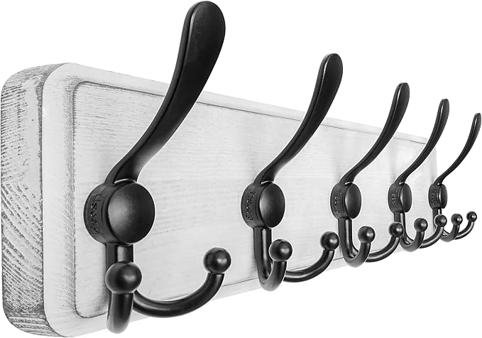 Coat Rack Wall Mounted - 5 Tri Hooks, Heavy Duty, Wooden Wall Coat Hanger Coat Hook for Clothes Hat Jacket Clothing, White & Black