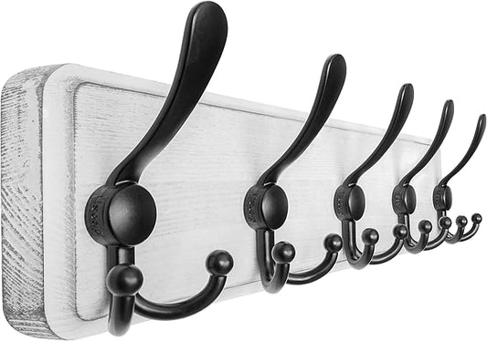 Coat Rack Wall Mounted - 5 Tri Hooks, Heavy Duty, Wooden Wall Coat Hanger Coat Hook for Clothes Hat Jacket Clothing, White & Black