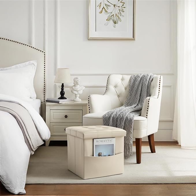 Bsketa Storage Ottoman Bench,15 Inch Folding Leather Foot Rest Stool, Beige | Small Ottoman with Side Pockets, Thicker Foam Padded Seat, Livingroom, Dorm, Bedroom, Easy to install, 30L,15x15x15in