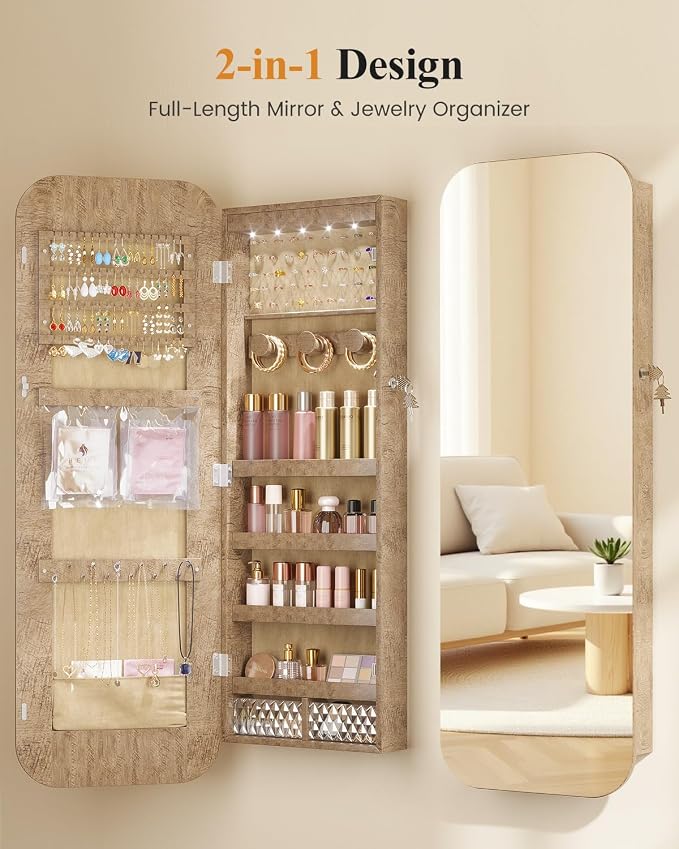 6 LEDs Mirror Jewelry Cabinet Door Hanging, 42.5", Lockable, Brown | Jewelry Organizer with Full Length Mirror, Wall Mounted Large Jewelry Storage for Earrings, Rings, Necklaces