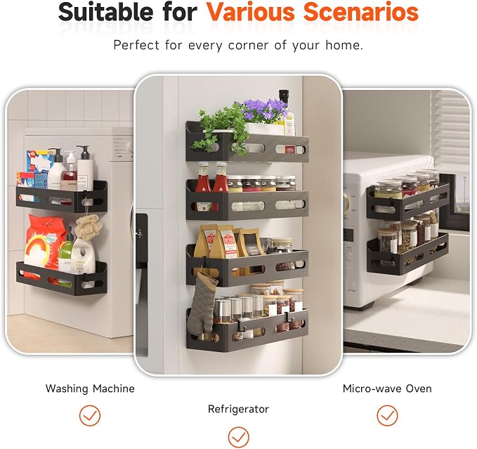 Sevenblue 2-Pack Magnetic Spice Rack for Refrigerator with Hooks, Black | Strong multipurpose magnetic shelf for kitchen & bathroom organization. Includes 4 removable hooks for hanging items.