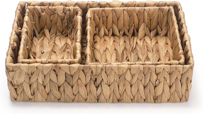 3 Pack Wicker Storage Basket, Natural Woven Water Hyacinth Storage Basket for Shelf Organizing