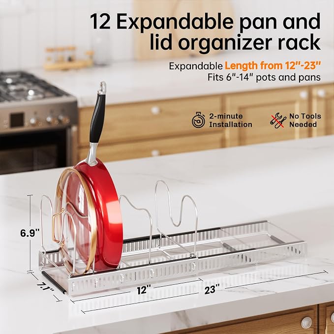 MUDEELA Expandable Pot Pan Lid Organizers inside Cabinet, 12 Divider-Silver | Expandable 11.8–22.9", 12 Adjustable Divider, Tool-Free Assembly, Non-Slip, Scratch-Proof, For Pan Lid Cutting Board Bakeware