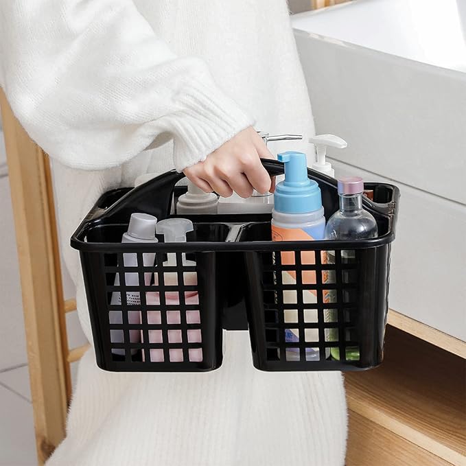 Portable Shower Caddy Basket Plastic Storage Basket with Compartments Black | Sturdy Large Capacity Cleaning Supplies Organizer Divided Tool Bin for Bathroom Kitchen Bedroom College Dorm Essentials