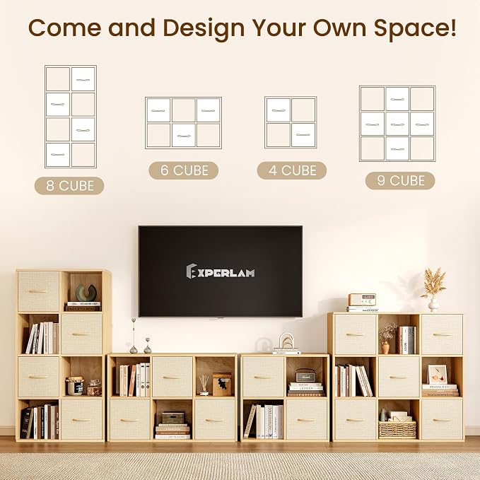 EXPERLAM 4 Cube Storage Organizer - Solid Wood Bookshelf with 2 Storage Bins, Cube Shelf with 2 Removable Back Panels, Vertical or Horizontal Bookcase, Open Book Shelf for Bedroom, Living Room, Office