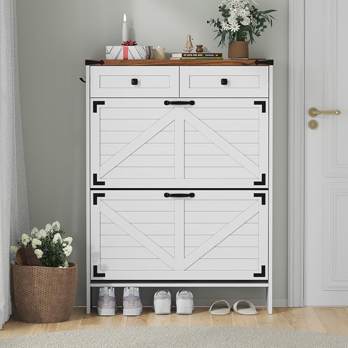 Shoe Cabinet with 2 Flip Drawers and Deodorizing Function, Hidden Shoe Storage Cabinet with 2 Pull-out Drawers, Farmhouse Shoe Organizer for Entryway, Narrow Shoe Rack for Front Door Entrance, White