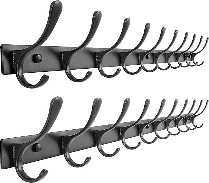 SKOLOO Coat Rack Wall Mounted - 10 Hooks, Pack of 2, Heavy Duty, Stainless Steel, Metal Wall Hanger, Sturdy Coat Hooks for Hanging Coats, Jacket, Clothes, Hat, Black