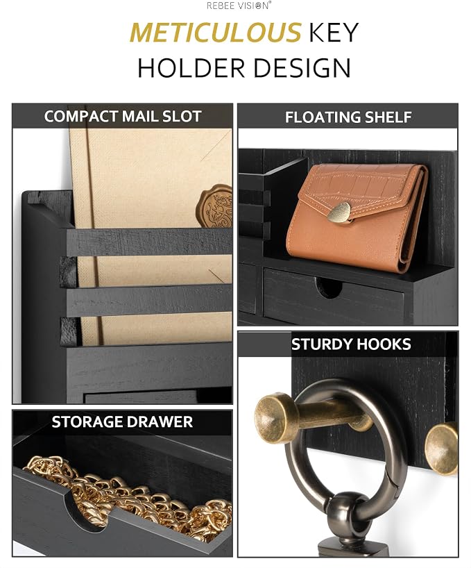 Rebee Vision Key Holder Wall Mount with 6 Key Hooks for Home Decor, Black | Modern Mail Organizer, Key Hanger, Shelf, 2 Drawer Organizer, Home Decor Aesthetic, Apartment Essentials, Decorative Storage