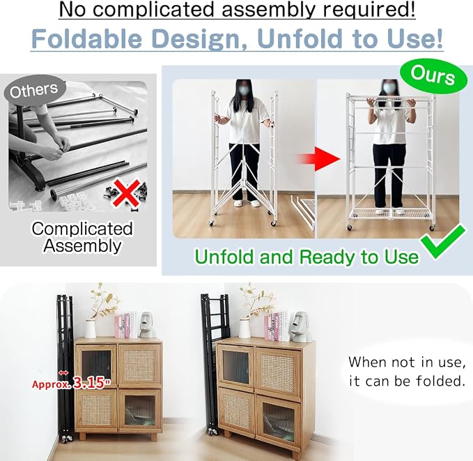 lumizone Folding Clothing Rack with Wheels Expandable White | Adjustable Garment Rack Portable Clothes Rack for Hanging Clothes Closet Shelves Durable Closet Racks for Hanging Clothes