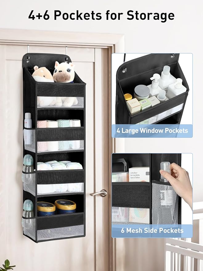 Yecaye 1 Pack Over the Door Organizer, 35.2lbs Load Toy Stuffed Animal Storage, Large Capacity Swing-proof Hanging Bathroom Organizers and Storage for Nursery Newborn Baby Essential Stuff Black