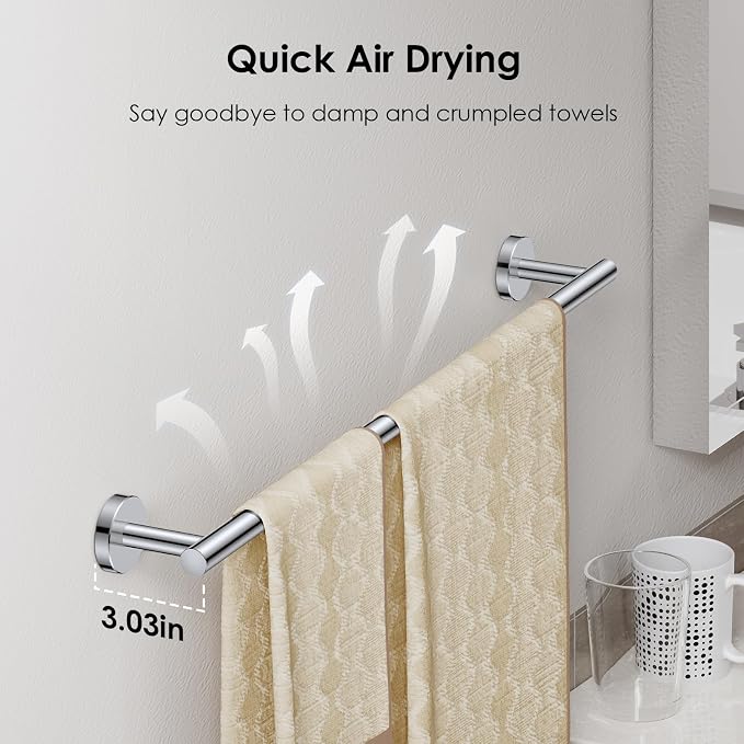 FORIOUS Bathroom Accessories, 4-Piece Bathroom Hardware Set - 24" Towel Bar | Chrome | Towel Hooks, Towel Racks for Bathroom, Toilet Paper Holder Wall Mounted & Towel Ring | SUS304 Stainless Steel