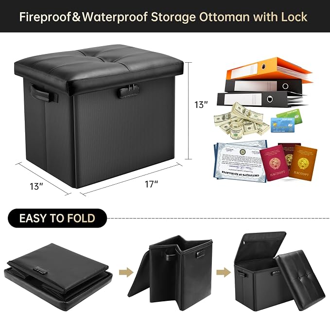 DocSafe Storage Ottoman with Lock,Fireproof Folding Ottoman Foot Rest Stool Storage Chest with Storage Safe for Important Documents,Waterproof 17 Inches Short Ottoman Foot Stool with Handles,Black
