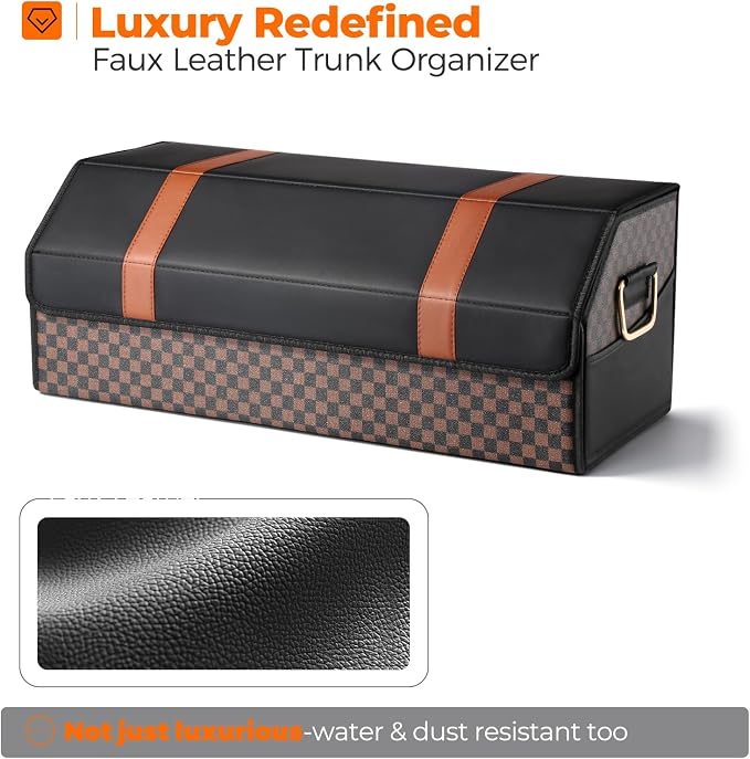 Fyzeoty Car Trunk Organizer for SUV and Sedan, Orange‑Stripe Plaid, 29.5 in | Dual‑Material Dual‑Tone Craft, Extra Large, Leather Storage Box, Magnetic Lid, Collapsible & Adj, Water‑Resist & Dust‑Proof
