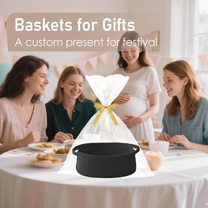 JMvicyroam Small Woven Basket, Empty Gift Basket, Black/1 Pack | Small Gift Basket, Cotton Rope, 12 x 8 x 24 in, Handles, Includes Ribbon and Bag, Birthday Gift Basket