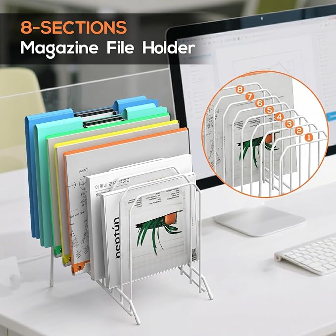 Incline Sorter Desk File Organizer, Metal Desk Magazine Folder Holder with 8-Section Vertical Compartments Rack File Organizer for Office, Home, School (2, White)