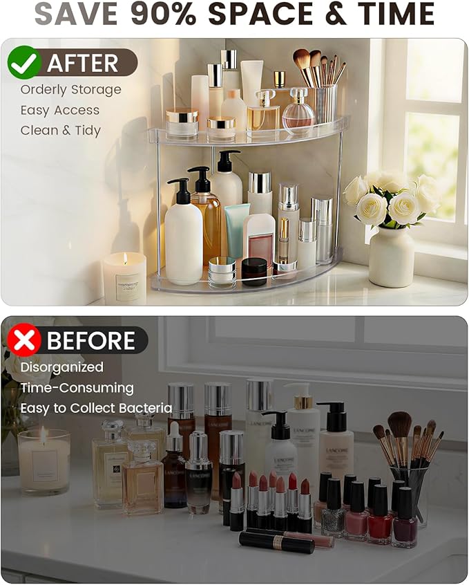 2 Tier Bathroom Counter Organizer, Clear Vanity Shelf Organizer for Skincare & Perfume, Non-Slip Bathroom Counter Shelf for Small Spaces, Bathroom Vanity Organizer Countertop (Triangular)