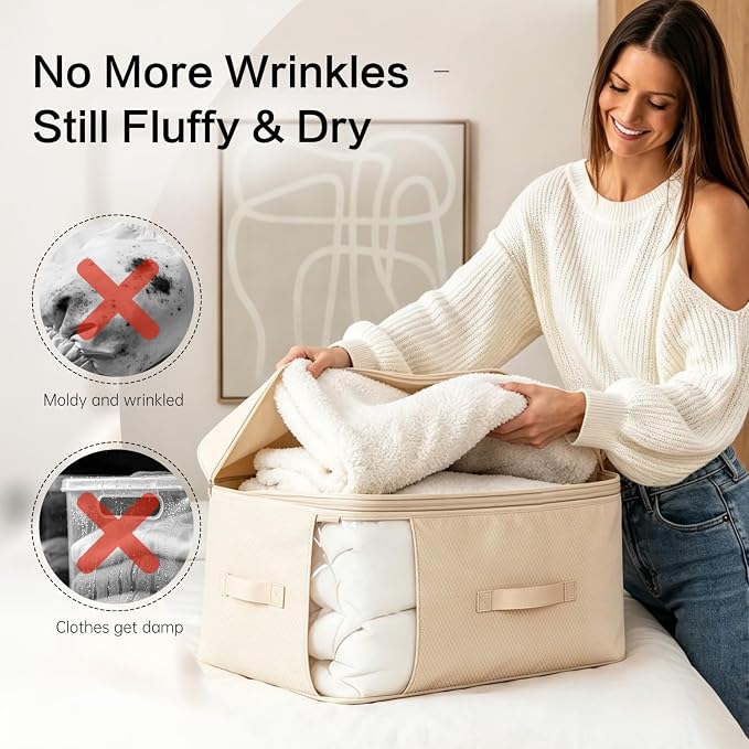 Comforter Storage Bag, Large Capacity Blanket Storage Bags 2-Layer Ultra Space Saving Self Compression Organizer, Heavy Duty Space Saver Organizer for Bedding, Clothes, Blanket, 2-Pack, Beige