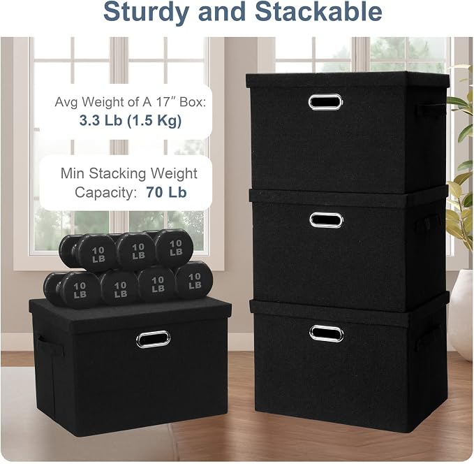 Graciadeco Large 17" 36 Quart Collapsible Stackable Storage Bins with Lids, 5 Packs Black Linen Fabric Closet Boxes with Lids, Storage Cube Baskets Container Organizers for Bedroom Office(17 x12 x11) | 36 Quart 5 Pack Black Collapsible Stackable Linen ...