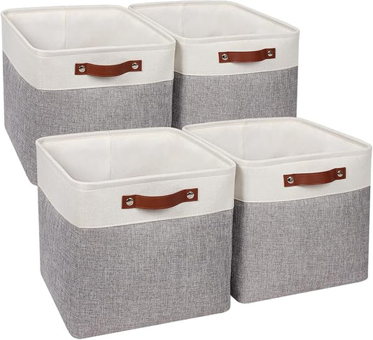 Univivi Cube Storage Bins,Fabric Storage Basket,13x13x13 inch,Gray,4 Pack | Large Capacity,Metal Frame,Hard Cardboard Bottom,Foldable,Linen Closet Baskets with PU Handles