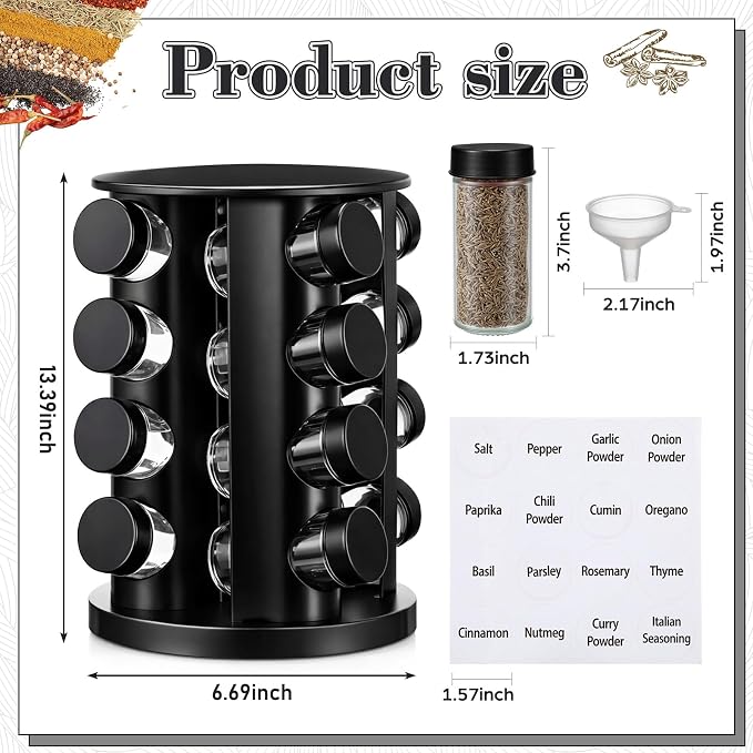 Yungyan Black Rotating Spice Rack Seasoning Organizer with 16 Empty Jars, Spice Containers Set with Labels and Funnel, Revolving Seasoning Rack for Kitchen Accessories