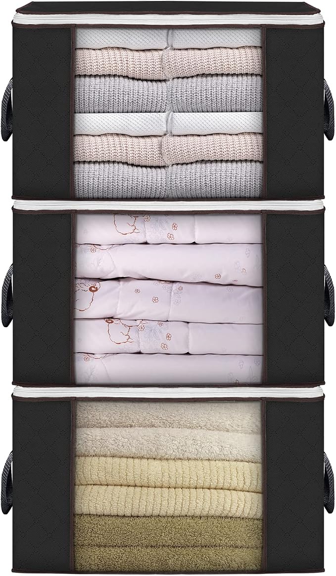 90L Large Storage Bags, 3 Pack Clothes Storage Bins Closet Organizers | Foldable Storage Containers, with Reinforced Handle, for Clothing, Blanket, Comforters, Bed Sheets, Pillows and Toys,Black