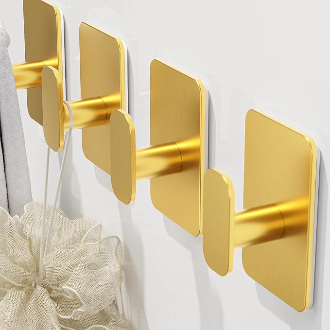 Large Heavy Duty Wall Hooks - 26lb Max, Stainless Steel Adhesive Towel Hooks for Hanging Towel, Coat, Robe, Hat, Sticky Towel Holder for Wall Mount in Bathroom, Shower, Kitchen (Gold, 4 Pack)