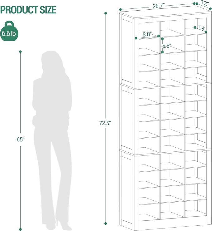 Hzuaneri Shoe Storage Cabinet, 36 Pairs Free Standing Closet Organizer, 9 inch Widened Cell Wood Shoe Organizer, 12 Tiers Vertical Space Saving Shoe Rack for Entryway, Cloakroom, Black SR20704X