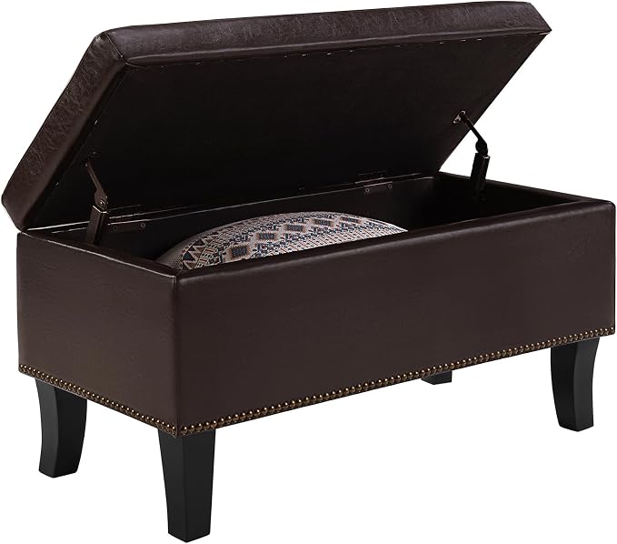 Convenience Concepts Designs4Comfort Winslow Storage Ottoman Bench 32" - Transitional Upholstered Footstool & Seat, for Living Room, Entryway, Hallway, & Bedroom, Espresso Vegan Leather