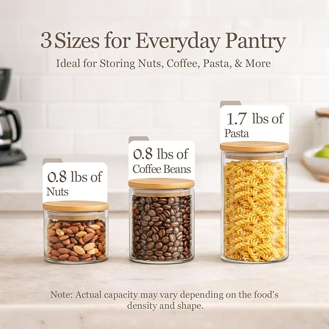 ComSaf Glass Storage Containers with Lids, Set of 6 Jars (0.6Qt/1Qt/1.5Qt) | Glass Pantry Storage Containers, Pantry Organization, BPA Free, Kitchen Canisters, Dry Food Flour Cereal Sugar Tea Coffee
