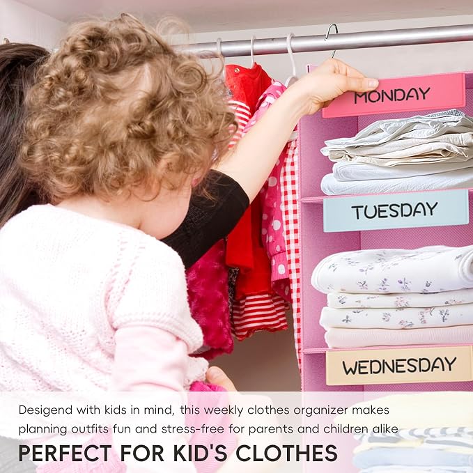 Weekly Hanging Closet Organizer for Kids, 6-Shelf Clothes Storage with Labeled Days of The Week Monday Through Friday, Weekday and Weekend, Days of the Week Clothes Organizer