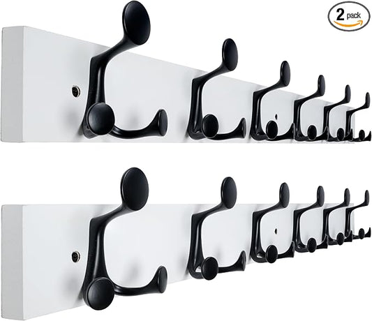 WEBI Coat Rack Wall Mount,36" Solid Wood Coat Hooks Wall Mounted Coat Hanger,16" Hole to Hole,Heavy Duty Hook Rack Rail,6 Triple Hooks for Hanging Coats,Jacket,Clothes,Hat,Backpack,White,2 Packs