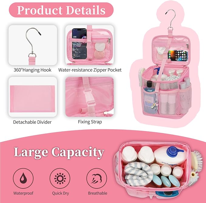 CUBETASTIC Shower Caddy Portable Mesh Shower Tote for Bathroom, Gym, Travel, Camping - Quick Dry Hanging Organizer Toiletry Bag with Handle for College Dorm Room, Men & Women