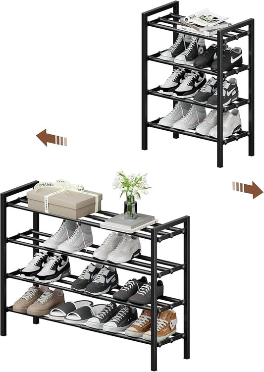 4-Tier Expandable Shoe Rack, Adjustable Shoe Shelf Storage Organizer Heavy Duty Metal Free Standing Shoe Rack for Entryway Closet Doorway (Black)