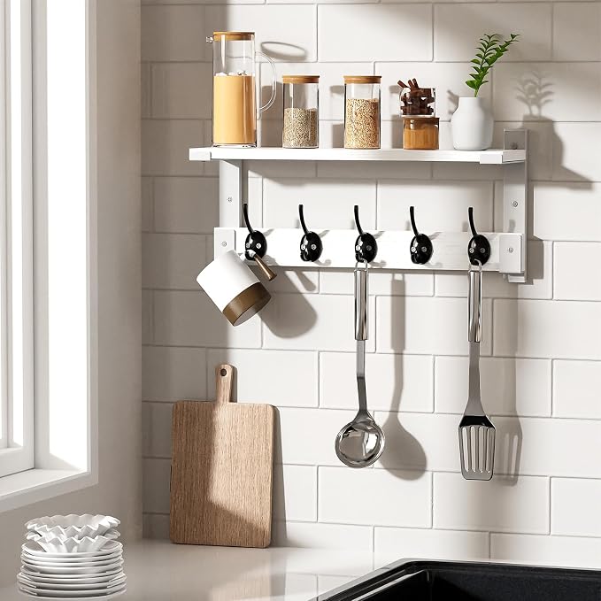 Oraich Wall Hooks with Shelf, Coat Rack Wall Mount for Coat Backpack Key Clothes Hanger, Wall Floating Shelf Hanging in Entryway, Living Room, Bathroom, Bedroom, Kitchen(White)