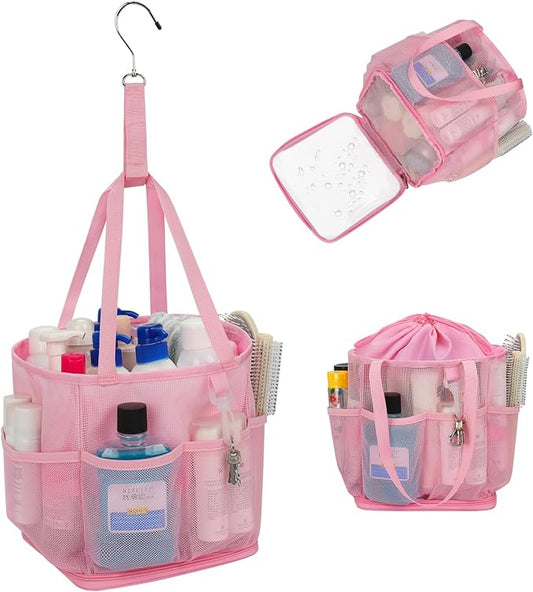 Shower Caddy Portable for College Dorm Room Essentials, Hanging Shower Caddy with Hook and Drawstring, Quick Dry Mesh Shower Bag with 6 Pockets for Bathroom, Swimming, Gym, Camping, Beach, Travel