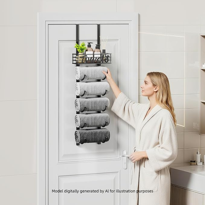 SWTYMIKI Hanging Towel Racks for Bathroom - 6 Tier Over The Door & Wall Mounted Bath Rolled Towel Storage Organizer Holder for Small Bathroom, RV, Camper, Black (Patented)