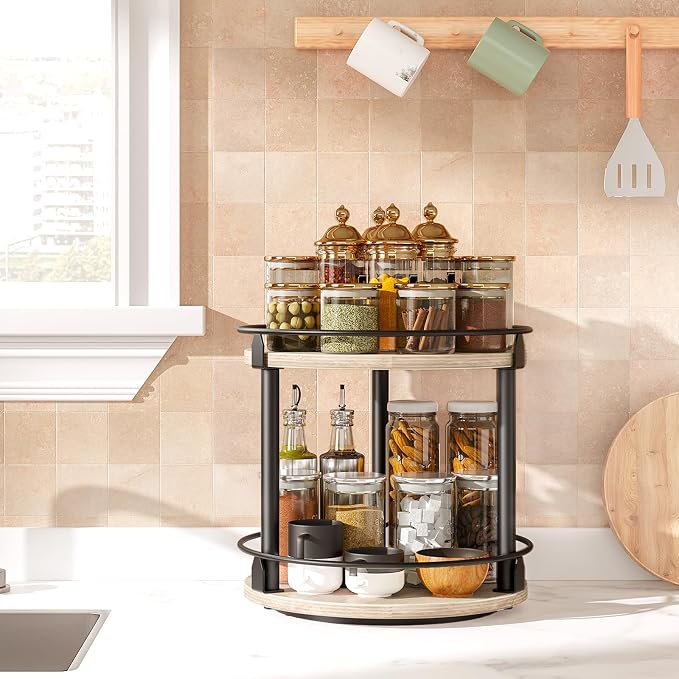 YATINEY Lazy Susan Organizer, Rotating Spice Rack, 2 Tier Spice Turntable Organizer, Industrial Turntable Spice Holder, for Kitchen Countertop and Cabinet, Compact and Versatile, Greige SR22BG