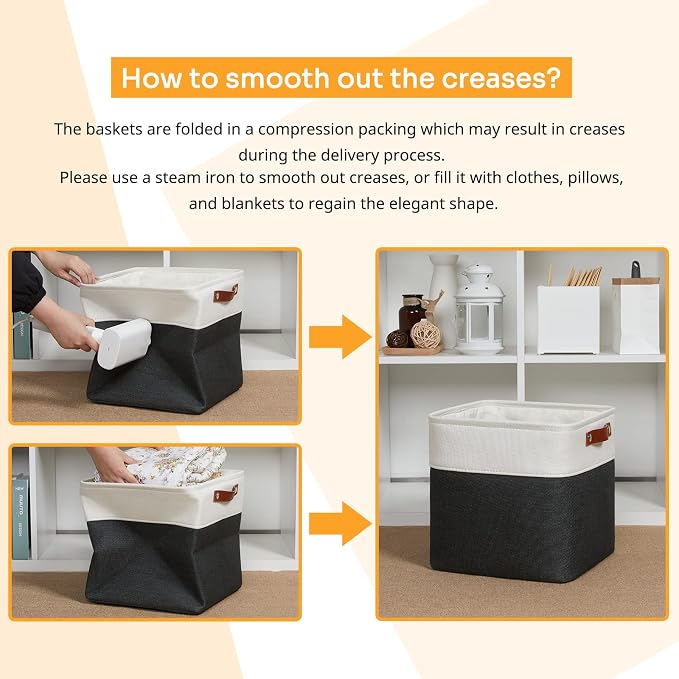 DULLEMELO Set Of 4 Cube Storage Bins, Fabric Storage Basket for Shelves Closet Storage, 12 Inch Collapsible Fabric Bins for Book Magazine Towel Organizers(4 Pack - 12" White&Black)