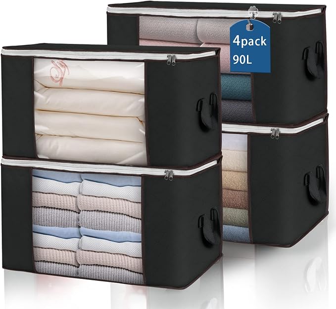 90L Large Storage Bags, 4 Pack Clothes Storage Bins Closet Organizers | Foldable Storage Containers, with Reinforced Handle, for Clothing, Blanket, Comforters, Bed Sheets, Pillows and Toys,Black