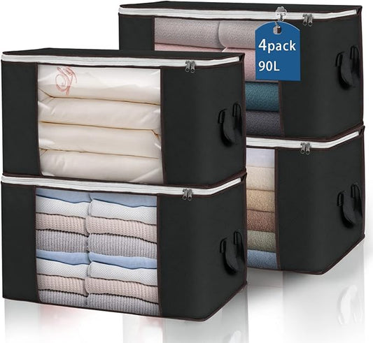 90L Large Storage Bags, 4 Pack Clothes Storage Bins Closet Organizers | Foldable Storage Containers, with Reinforced Handle, for Clothing, Blanket, Comforters, Bed Sheets, Pillows and Toys,Black