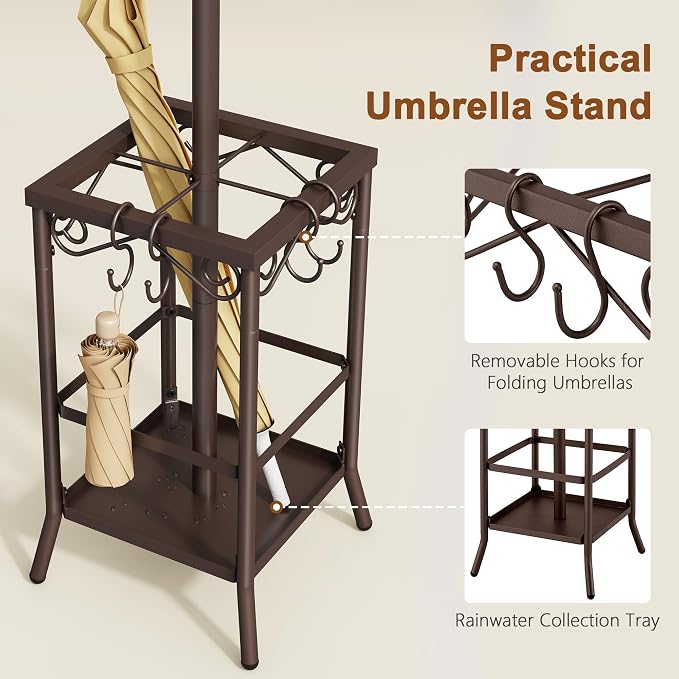 Hoctieon Coat Rack Freestanding, Coat Tree with Umbrella Holder | Metal Coat Rack Stand with 12 Hooks, Standing Coat Hanger Stand, Umbrella Stand for Entryway, Hat Rack Stand for Home Office